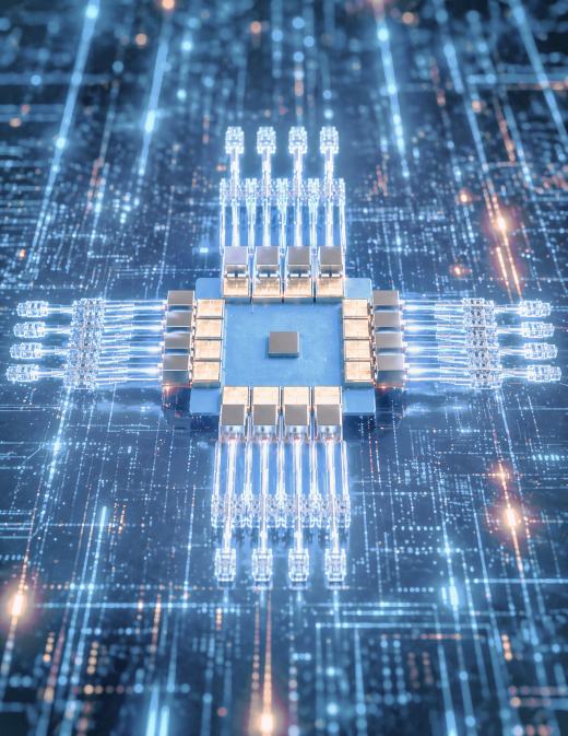 Close-up of co-packaged optics application illustrating microlens arrays for precise light coupling between optical and electronic components.