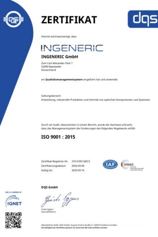 Zertifikat von INGENERIC für ein nach DIN EN ISO 9001:2015 zertifiziertes Qualitätsmanagementsystem